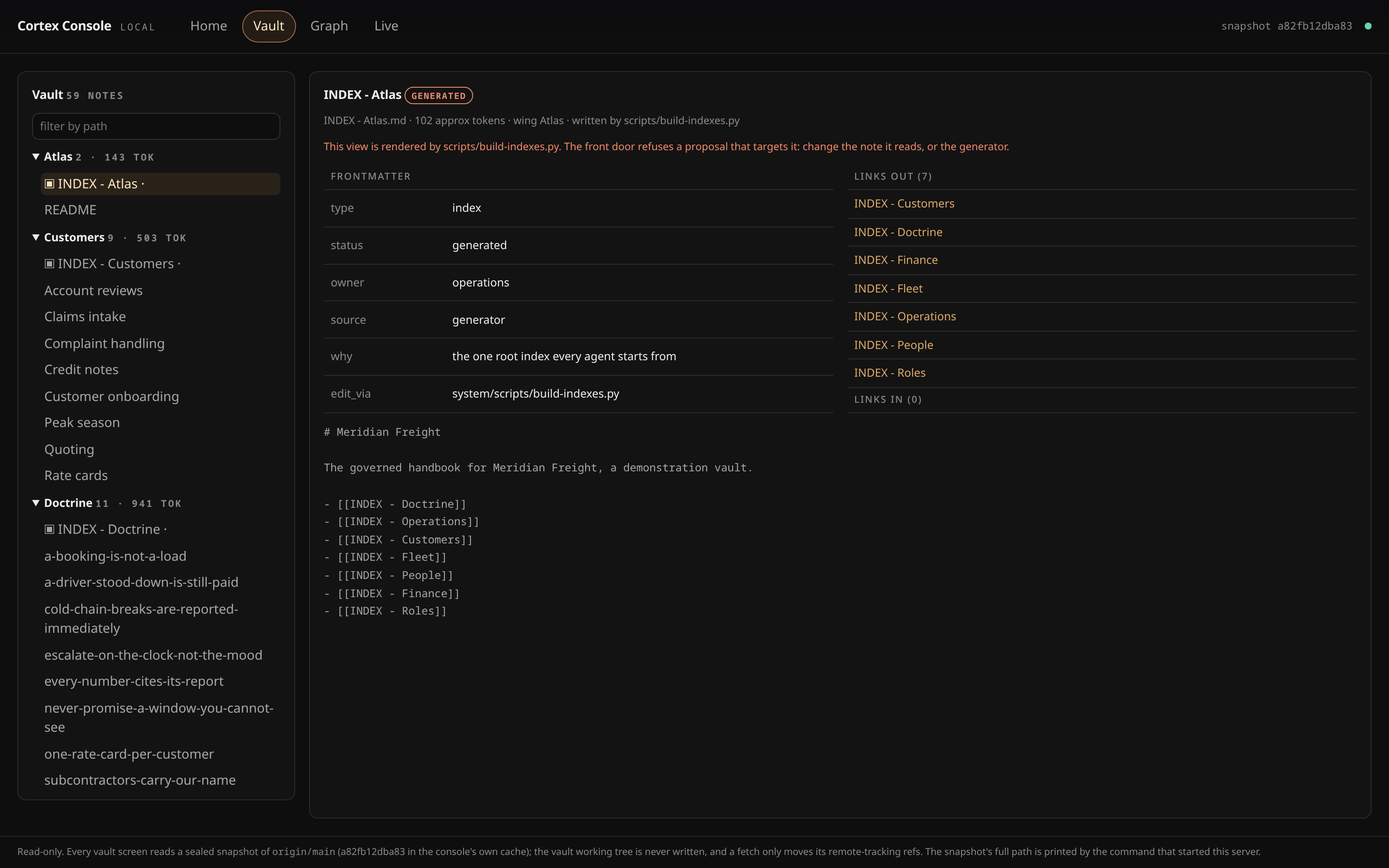 The console vault screen: the note tree, a note and its backlinks.